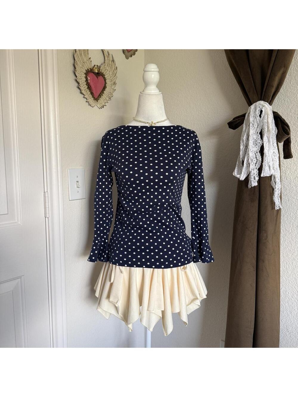 Lauren Ralph Lauren Navy Polka Dot Bell Sleeve Stretch Blouse Women's M
